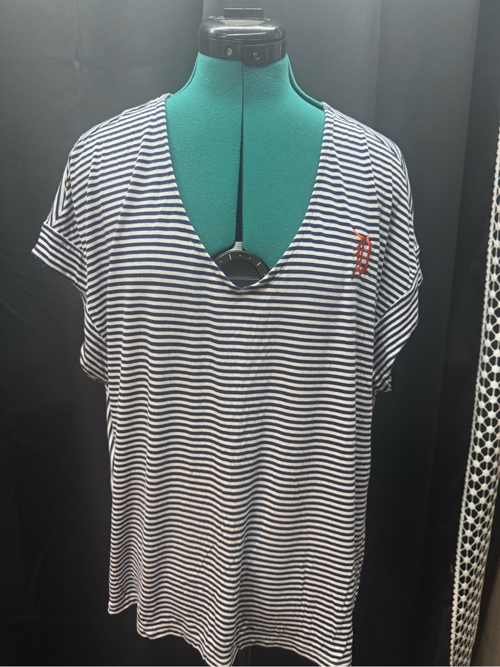 Striped Navy & White V‑Neck Tee with Detroit Tigers Logo
